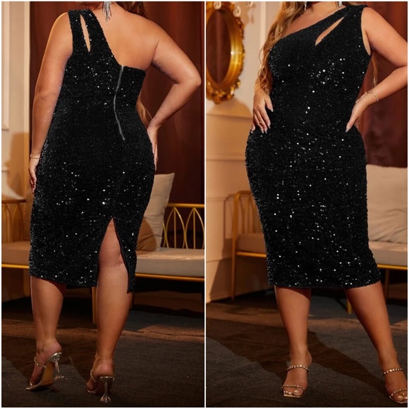 Plus One Shoulder Sequin Evening Party Sexy Wedding Dress - Picture 4 of 8